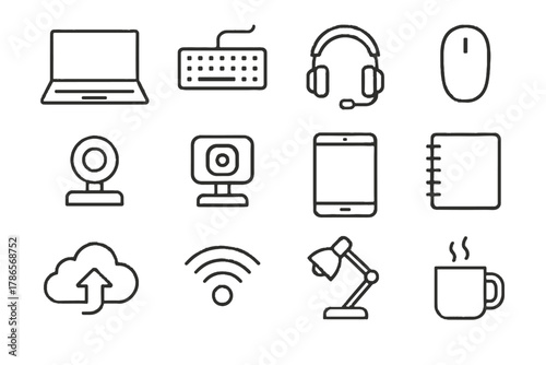 Vector tablet icon home smartphone lamp headset webcam laptop signal desk office