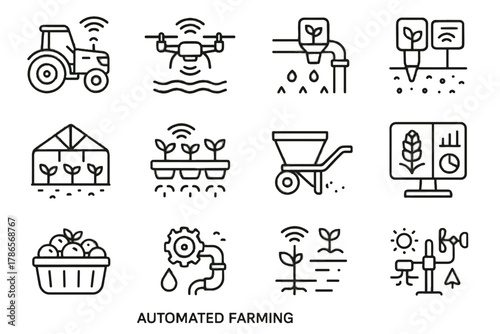 Automated icon vector irrigation tractor farming spreader icons basket pipe sensor drone