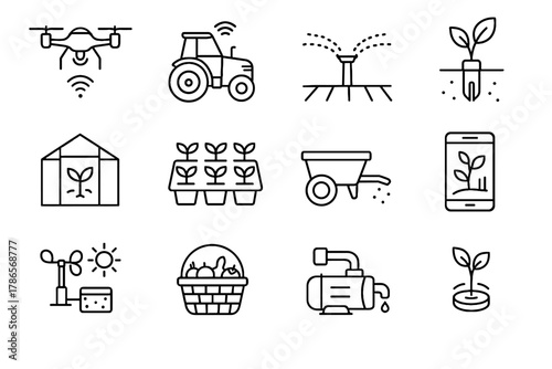 Sustainable icons icon monitor crop pump agriculture drone growth weather system seedling