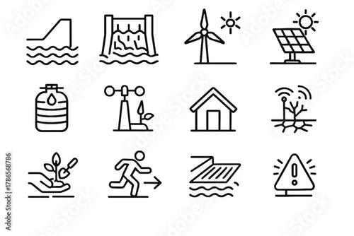 Icons floodgate icon tree levee warning system shelter resilient infrastructure weather vector