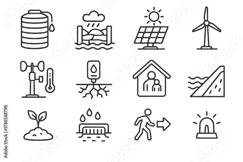 Icons evacuation environmental icon vector turbine warning resilience wind rainwater station shelter
