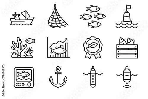 Quota ocean friendly fisheries water vector sensor coral icon sonar net buoy