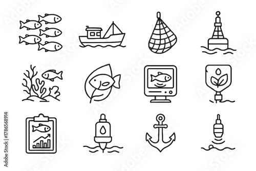 Trawler sensor fish icons marine conservation eco icon reef boat fishery vector