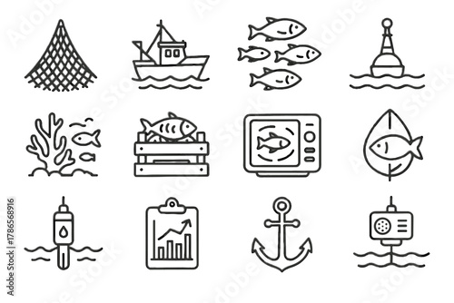 Device fish trawler marine fishing net icon vector label reef sonar icons