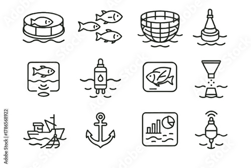 Boat label eco vector trawler sonar sensor icons aquaculture net sustainable icon