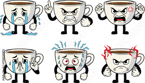 Expressive Cartoon Coffee Cups Showing Emotions Like Sadness, Anger, and Anxiety – A Playful Take on Mood Through Anthropomorphism