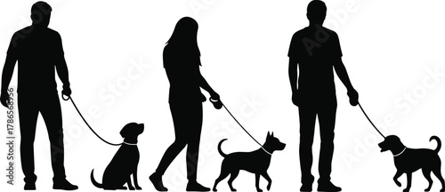 Silhouetted Dog Walkers with Sitting and Standing Pets – A Peaceful Scene of Companionship, Routine, and Outdoor Pet Care Moments