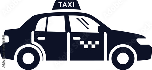 Dark blue silhouette of a taxi cab with aTAXI sign on top on a white background vehicle