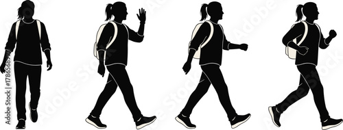 Silhouetted Walking Sequence of Backpacked Woman with Ponytail – Dynamic Motion Poses Capturing Everyday Movement and Expressive Gestures