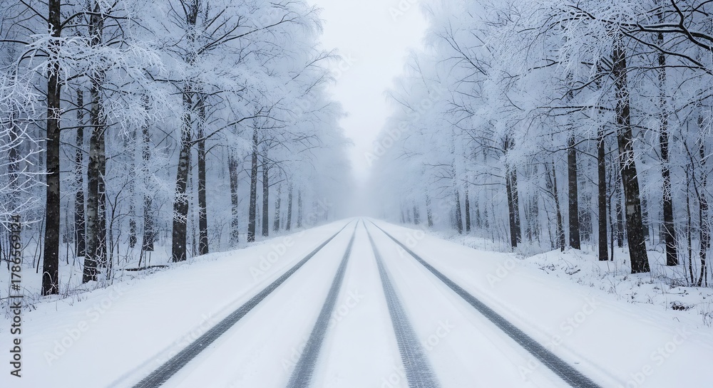 Naklejka premium Journey through a serene winter wonderland forest, following tire tracks on a snow-covered road leading to a mystical foggy horizon.
