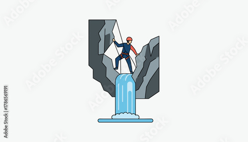 A climber rappelling down a rock face demonstrating skill and control as they maneuver over sharp outcrops and a cascading waterfall below.