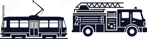 Dark Blue Silhouettes of a Tram and a Fire Truck on White Background Keywords: tram, streetcar, trolley, train, public transport