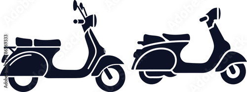 Dark Blue Silhouettes of Two Scooters on a White Background moped motorcycle