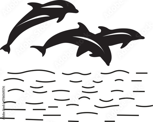Three playful dolphins leaping from stylized ocean waves in a black and white illustration