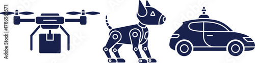 Drone with package, robotic dog, and police car icons quadcopter flying drone
