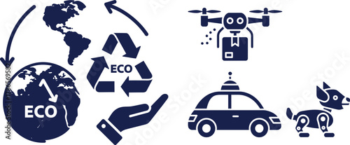 Earth Recycling Symbol Hand Drone Car and Robot Dog Icons globe world