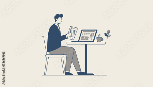 A person dressed in professional attire reviewing their resume at a café with a laptop open and job search websites in view.