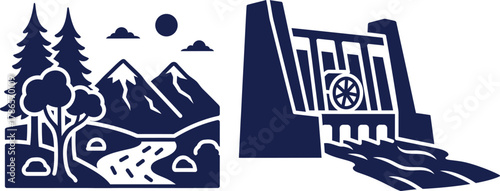 Mountain landscape with trees and river next to a hydroelectric dam forest