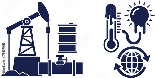 Oil pump jack barrel and global warming thermometer light bulb icons oil barrel pipeline