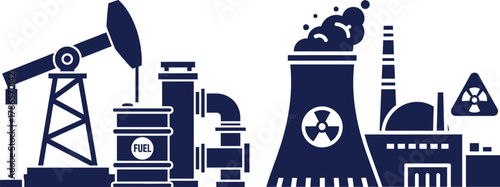 Oil Pumpjack Fuel Barrels Cooling Tower and Nuclear Power Plant Icons oil rig oil extraction