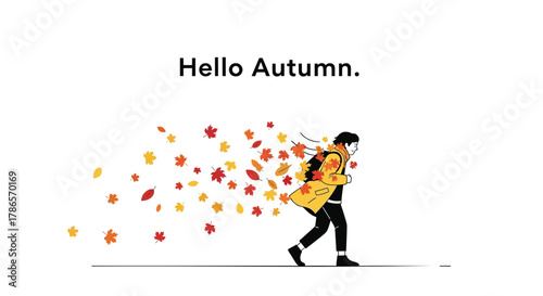 Man walking with a backpack as autumn leaves swirl around him in a vibrant seasonal display