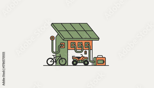 A remote charging station at a camping site powered by solar energy featuring rugged design and compatibility with various outdoor electric vehicles.