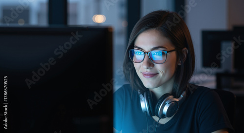 Focused female programmer wearing glasses works on a computer late at night in a dark office, smiling with satisfaction.