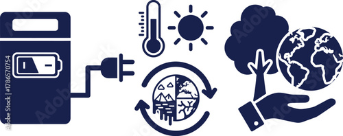 Portable power station, thermometer, sun, earth in hand, and recycling arrows battery electricity