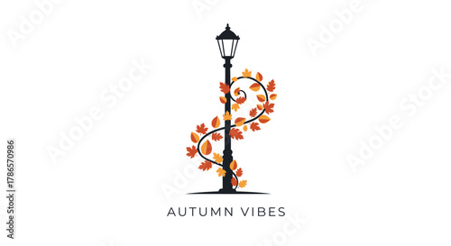 Elegant black lamppost adorned with vibrant autumn leaves and swirling vines on a white background