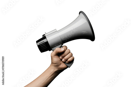 Hand holding a loud megaphone for public announcement news tool grey gray on transparent background