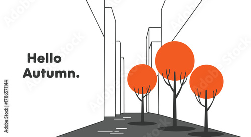 Stylized illustration of bright orange autumn trees lining a path with the text hello autumn