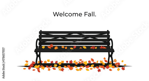 Empty park bench decorated with colorful fallen autumn leaves welcoming the fall season