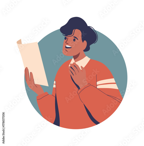 Man actor performing reading scenario