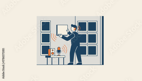 A person adjusting the acoustics of a room by placing soundabsorbing panels emphasizing the importance of sound quality in recordings.