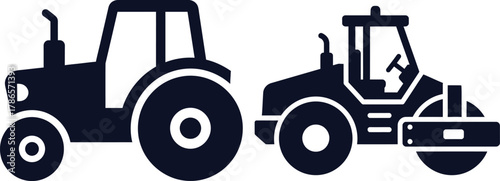 Silhouette of a Tractor and a Road Roller on White Background agriculture construction