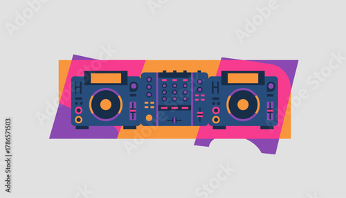 A setup featuring multiple CDJs and a mixer captured during twilight with neon lights casting colorful shadows around the gear.