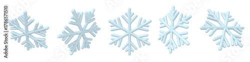 Frosted snowflake vector icon set with 5 unique soft blue winter ice crystal shapes for holiday and seasonal designs. High detailed 3d render, isolated, for festive digital artwork and winter designs.