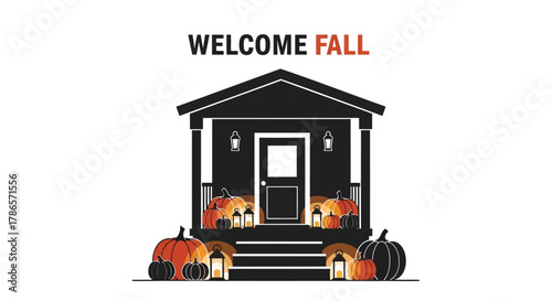 Cozy black house entrance decorated with pumpkins and lanterns welcoming autumn season