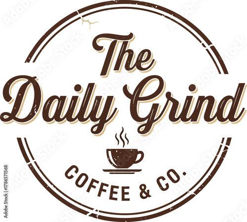 The Daily Grind Coffee and Co. Retro Logo with Steaming Cup Keywords: coffee, logo, grind, daily, cafe, drink, beverage, hot, steam