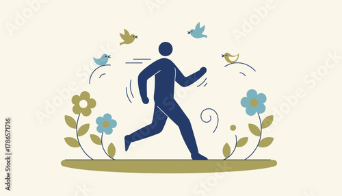 A runner practicing mindfulness moving slowly through a peaceful garden surrounded by blooming flowers and chirping birds.