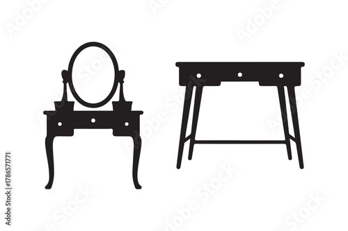 Silhouette of a vintage vanity table with mirror and a separate desk