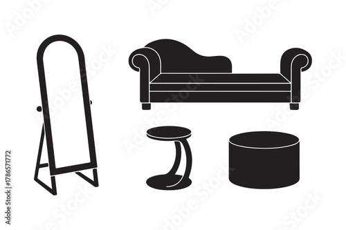 Silhouette of elegant furniture including a chaise lounge and full length mirror