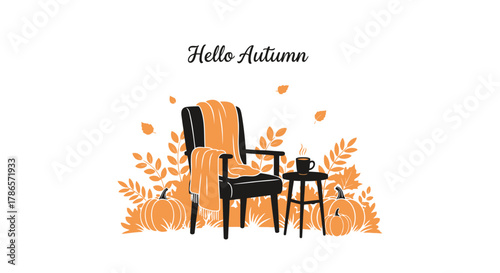 Cozy armchair with blanket and warm drink surrounded by falling autumn leaves and text hello autumn