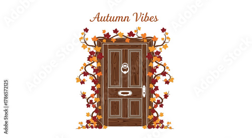 Cozy autumn vibes a rustic wooden door adorned with vibrant fall foliage and leaves