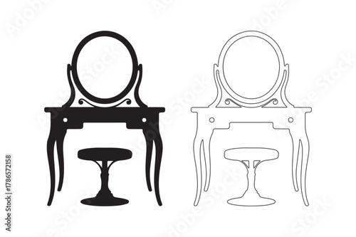 Elegant vanity table and stool silhouette and outline