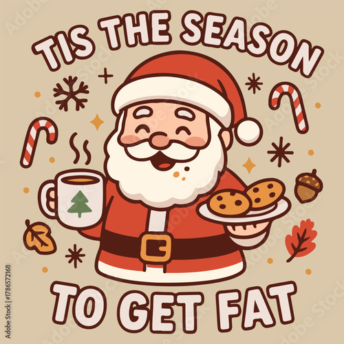 A festive cartoon illustration featuring Santa Claus holding a coffee mug and cookies. The image promotes the holiday season in a humorous and lighthearted style.