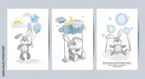 Happy Birthday greeting cards or Baby shower posters set with cute toy bunny....