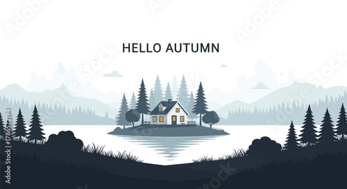 Cozy cabin nestled on a small island surrounded by tranquil water and evergreen trees during autumn