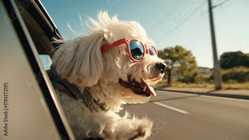 A fluffy white dog wearing sunglasses sticking its head out of a car window video 4k