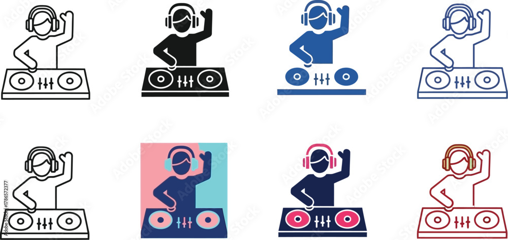 Fototapeta premium DJ music club icon set nightlife, party entertainment and audio mixing equipment vector illustration icon silhouette